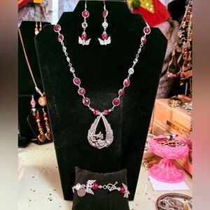 Artisan Pewter Winged Necklace Set with Ruby & glass beads